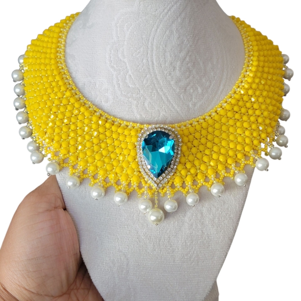 Artisan Handmade Yellow Beaded Bib Collar Necklace with Blue Gemstone
